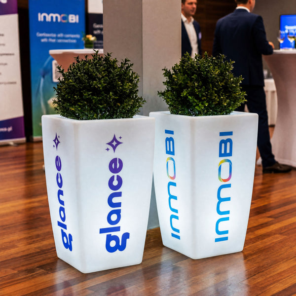 Gepersonaliseerde bloempot, vaas, display, LED lamp, verlichte vloervaas, logo, merk