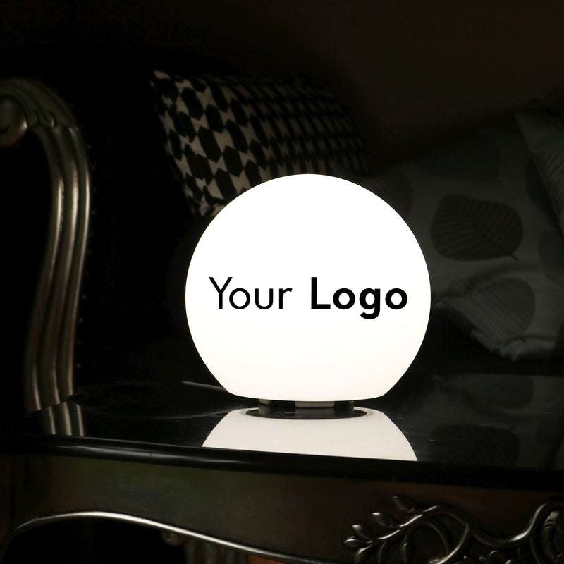 Gepersonaliseerde LED Tafellamp, promotionie lichtbak met logo, 15cm bol, reclameverlichting