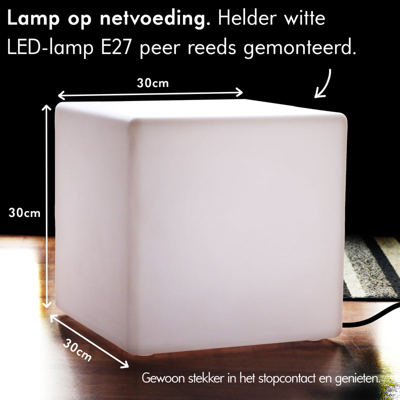 Netvoeding LED tafellamp, 30cm Kubus, Uitgevoerd Met E27 Lamp Wit