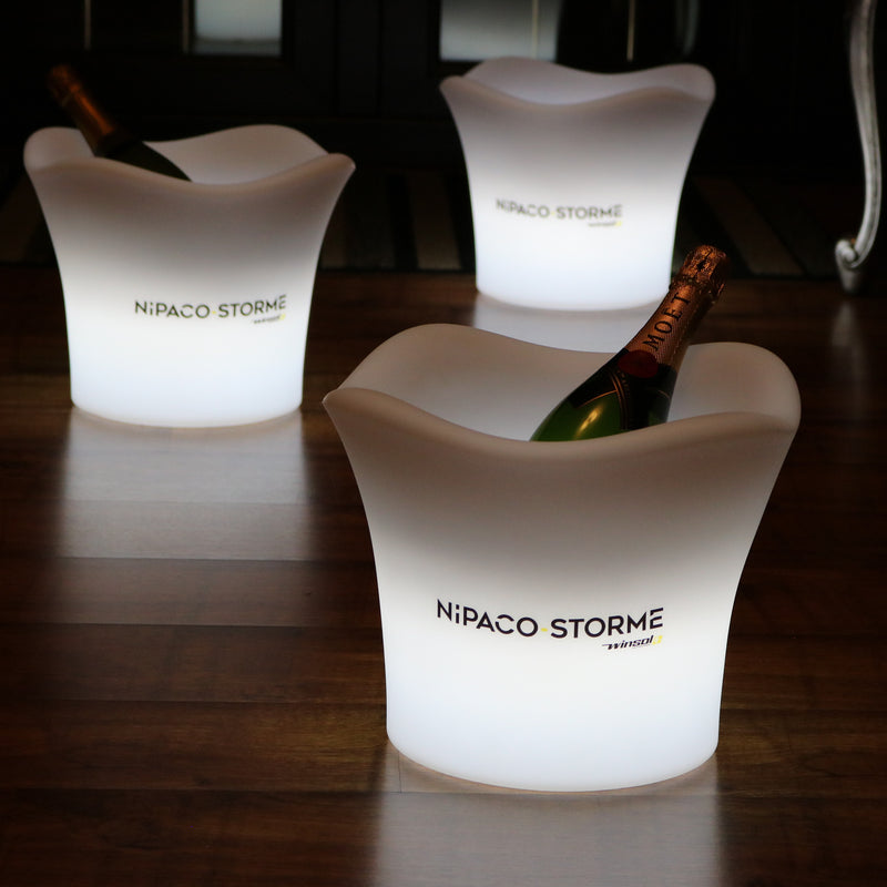 Op maat gemaakte LED ijsemmer champagnehouder wijnkoeler met logo, unieke blikvanger met merk of logo, promotiemateriaal, reclame