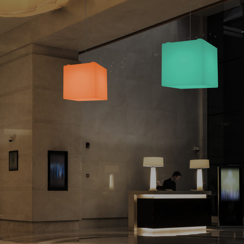 Moderne Hanglamp, Plafondlamp, Hangende LED Kubus, 300 mm, E27, RGB, Verlichting