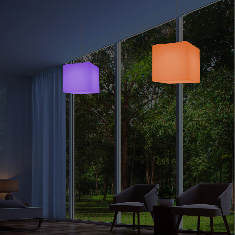 Moderne Hanglamp, Plafondlamp, Hangende LED Kubus, 300 mm, E27, RGB, Verlichting