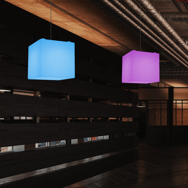 Moderne Hanglamp, Plafondlamp, Hangende LED Kubus, 300 mm, E27, RGB, Verlichting
