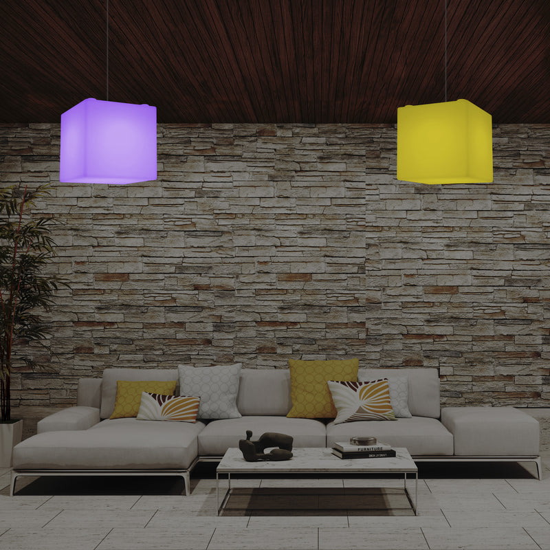 Moderne Hanglamp, Plafondlamp, Hangende LED Kubus, 300 mm, E27, RGB, Verlichting