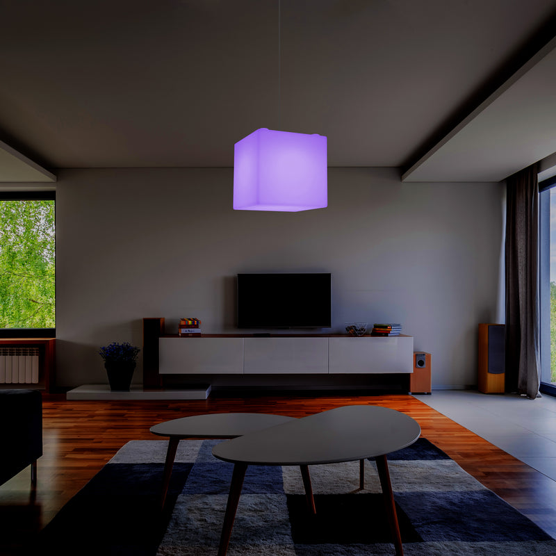 Moderne Hanglamp, Plafondlamp, Hangende LED Kubus, 300 mm, E27, RGB, Verlichting