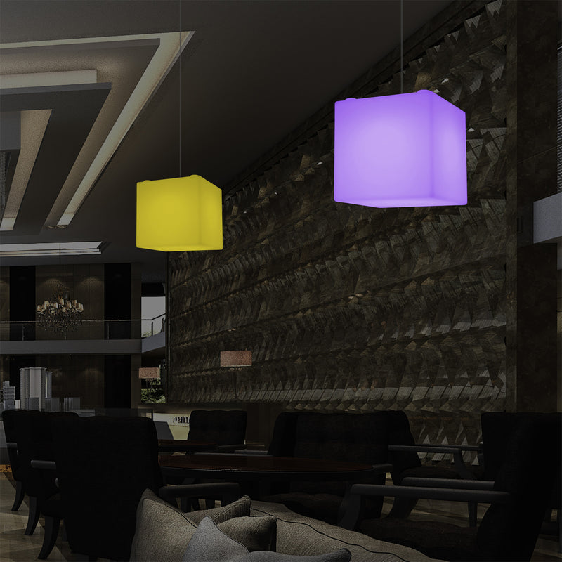 Moderne Hanglamp, Plafondlamp, Hangende LED Kubus, 300 mm, E27, RGB, Verlichting