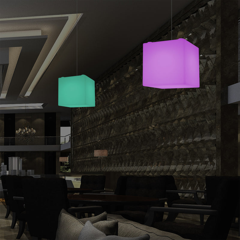 Moderne Hanglamp, Plafondlamp, Hangende LED Kubus, 300 mm, E27, RGB, Verlichting