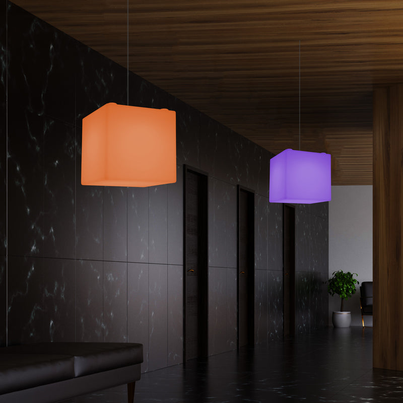 Moderne Hanglamp, Plafondlamp, Hangende LED Kubus, 300 mm, E27, RGB, Verlichting