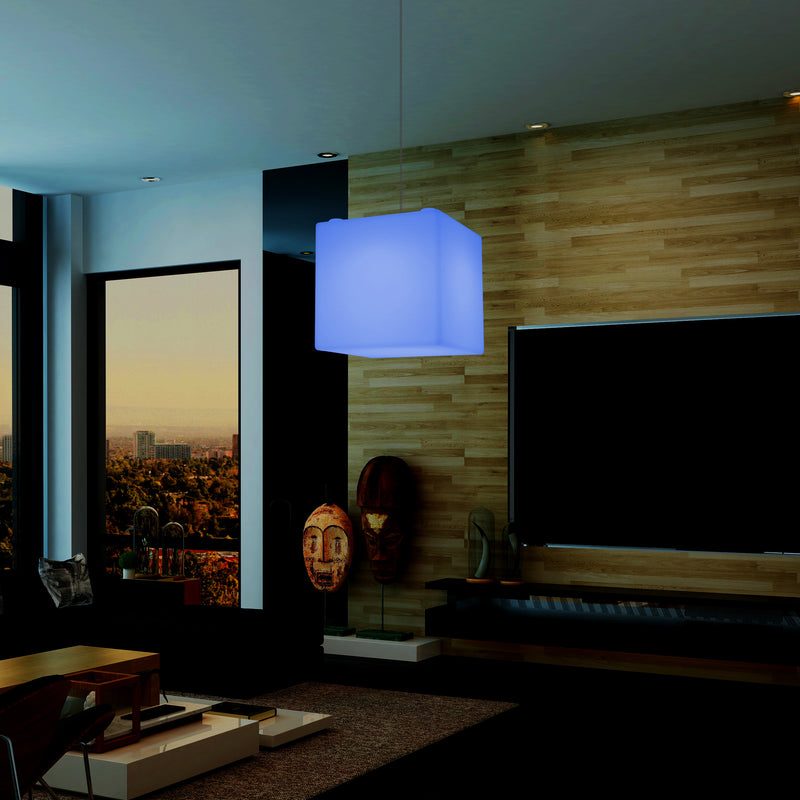 Moderne Hanglamp, Plafondlamp, Hangende LED Kubus, 300 mm, E27, RGB, Verlichting