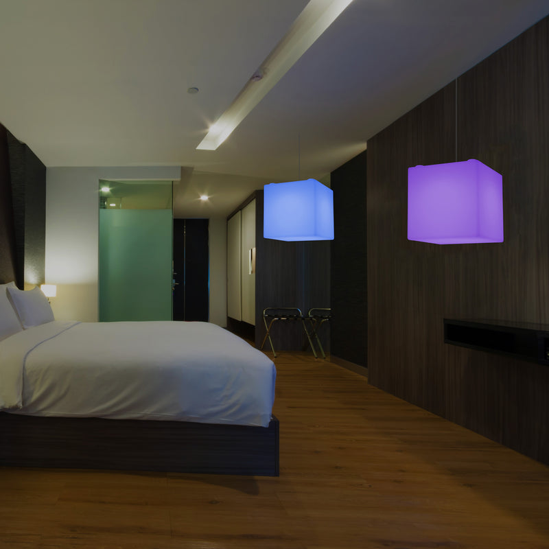 Moderne Hanglamp, Plafondlamp, Hangende LED Kubus, 300 mm, E27, RGB, Verlichting
