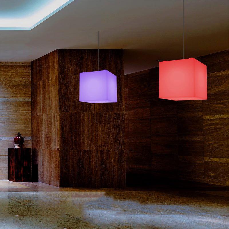 Moderne Hanglamp, Plafondlamp, Hangende LED Kubus, 300 mm, E27, RGB, Verlichting