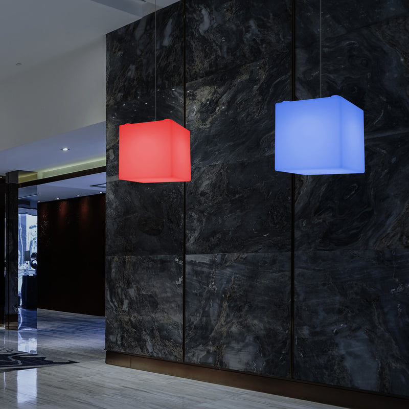 Moderne Hanglamp, Plafondlamp, Hangende LED Kubus, 300 mm, E27, RGB, Verlichting