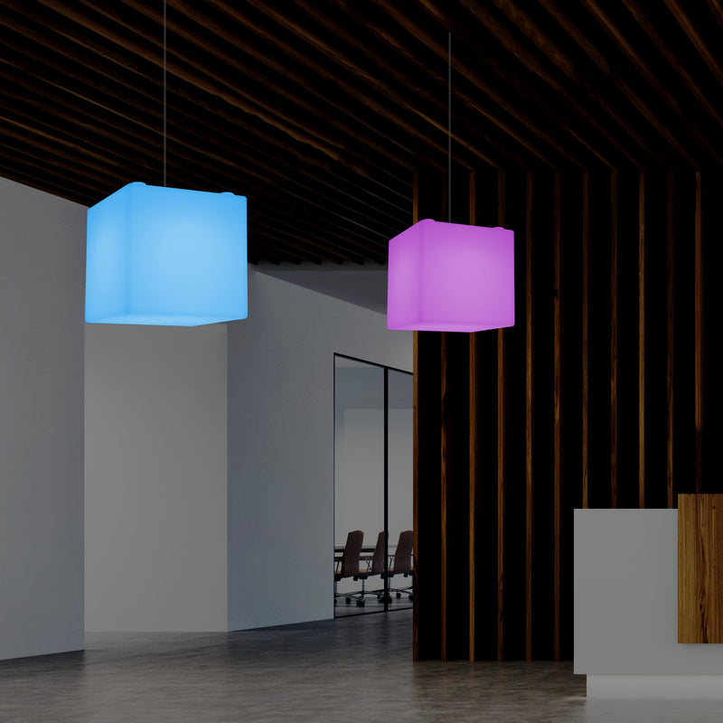 Moderne Hanglamp, Plafondlamp, Hangende LED Kubus, 300 mm, E27, RGB, Verlichting