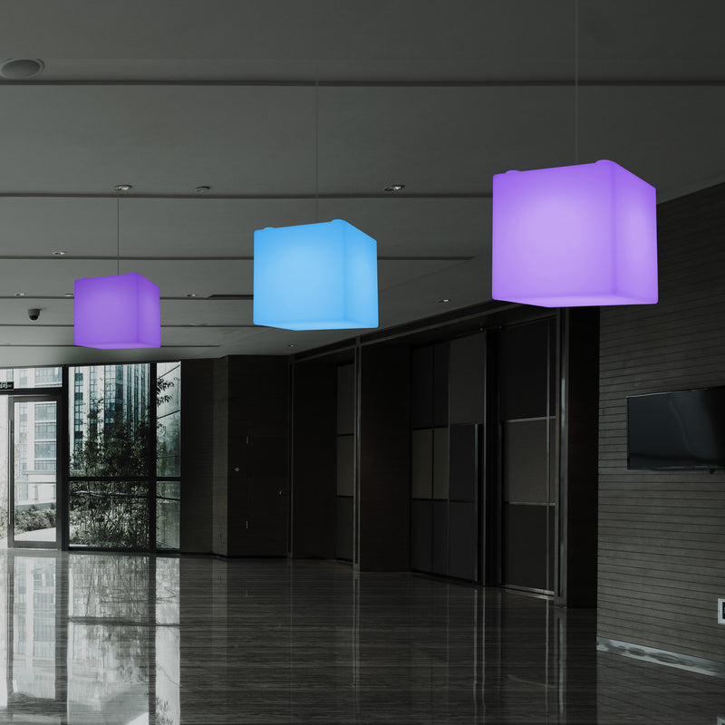 Moderne Hanglamp, Plafondlamp, Hangende LED Kubus, 300 mm, E27, RGB, Verlichting
