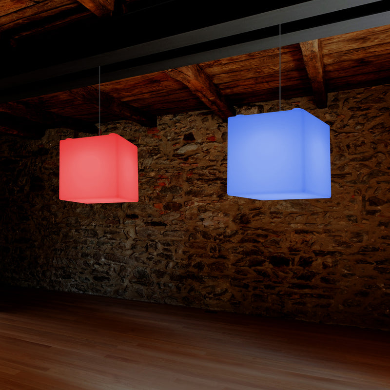 Moderne Hanglamp, Plafondlamp, Hangende LED Kubus, 300 mm, E27, RGB, Verlichting