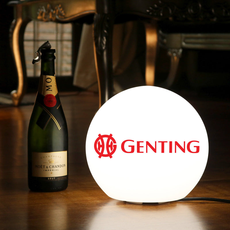 Gepersonaliseerde LED Tafellamp, promotionie lichtbak met logo, 15cm bol, reclameverlichting