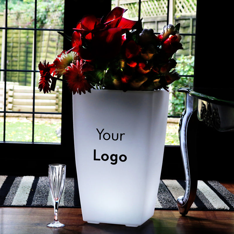 Gepersonaliseerde bloempot, vaas, display, LED lamp, verlichte vloervaas, logo, merk